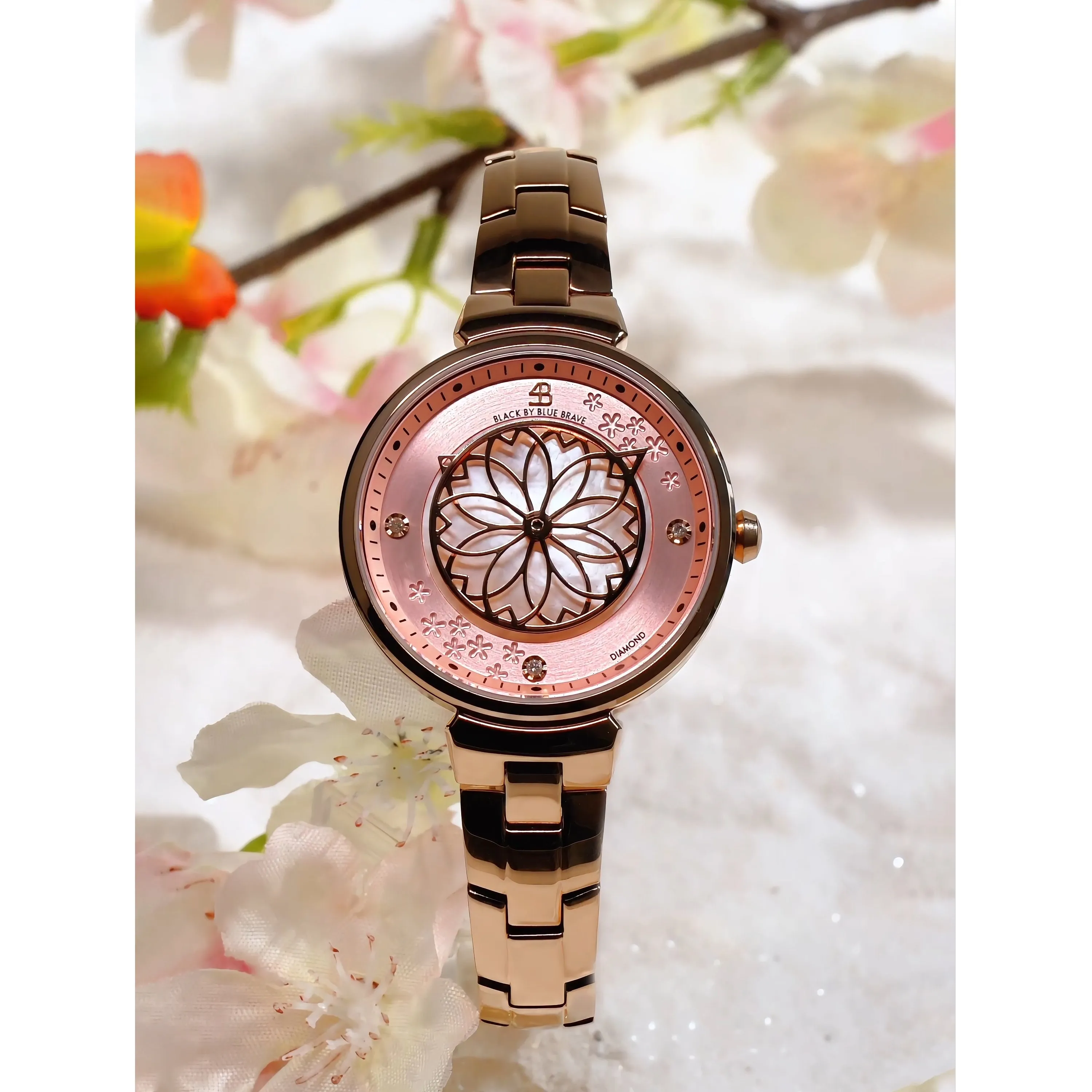 Cherry Blossom 32mm Ruby Red Gold Mother Of Pearl Dial Sakura Petal Hand Rose Gold Bracelet Watch