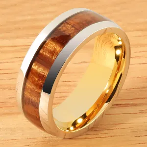 Cobalt Two-Tone Yellow Gold Plated Curly Koa Wood Oval Wedding Ring 8mm