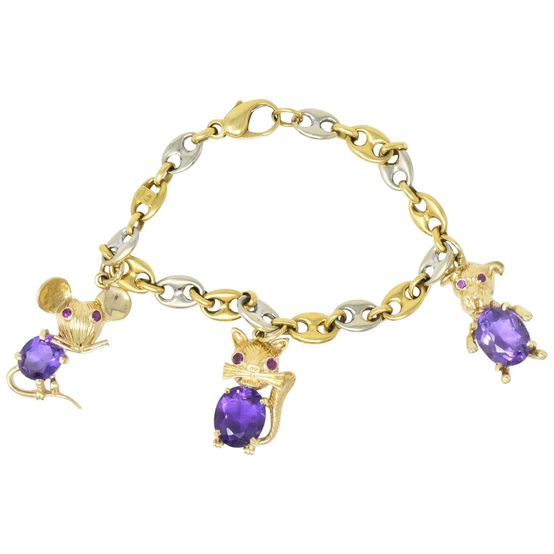 Contemporary 10.70 CTW Amethyst Two-Tone Gold Animal Charm Bracelet