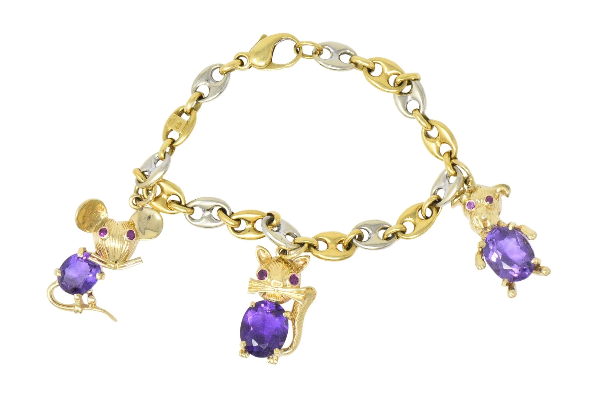 Contemporary 10.70 CTW Amethyst Two-Tone Gold Animal Charm Bracelet