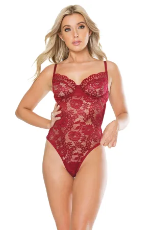 Coquette Ruby Red Scallop Stretch Lace Teddy