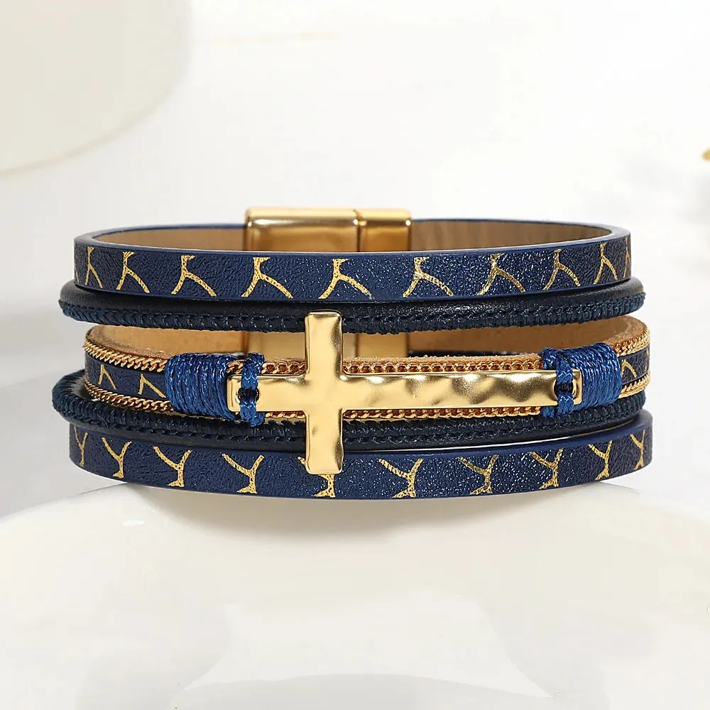 'Cross' Charm Cuff Bracelet - navy