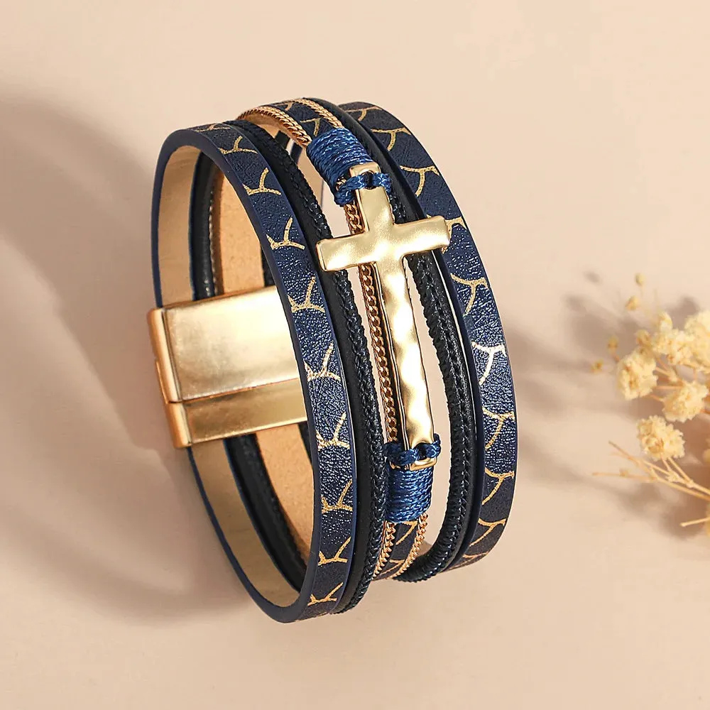 'Cross' Charm Cuff Bracelet - navy