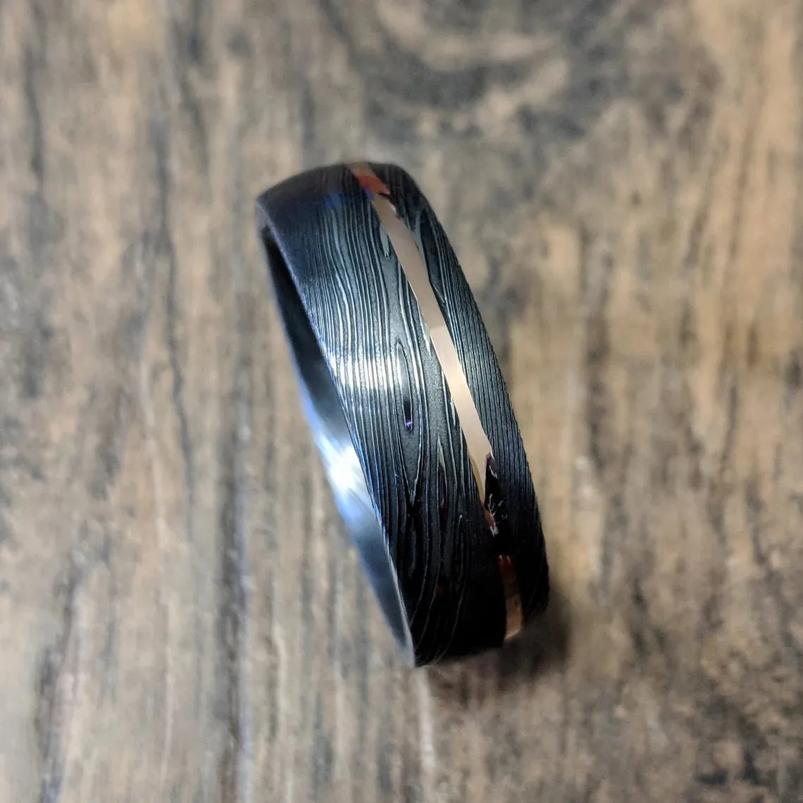 Damascus Steel Wedding Band with 14k Rose Gold Inlay