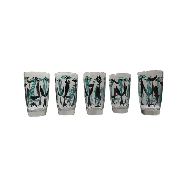 Dyball Signed Turquoise Atomic Birds Glasses (Set of 5)