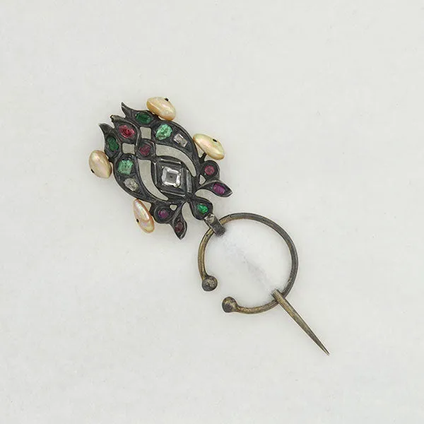 Early Victorian Rare French Silver Multi Gemstone & Pearl "Fibula" Pin