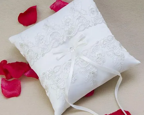 Elegant White Ribbon Lace Satin Wedding Ring Pillow