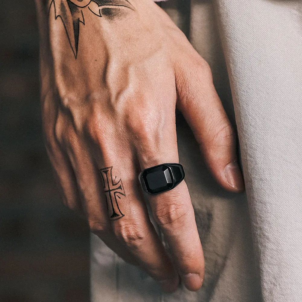 Engraved Black Onyx Signet Ring for Men