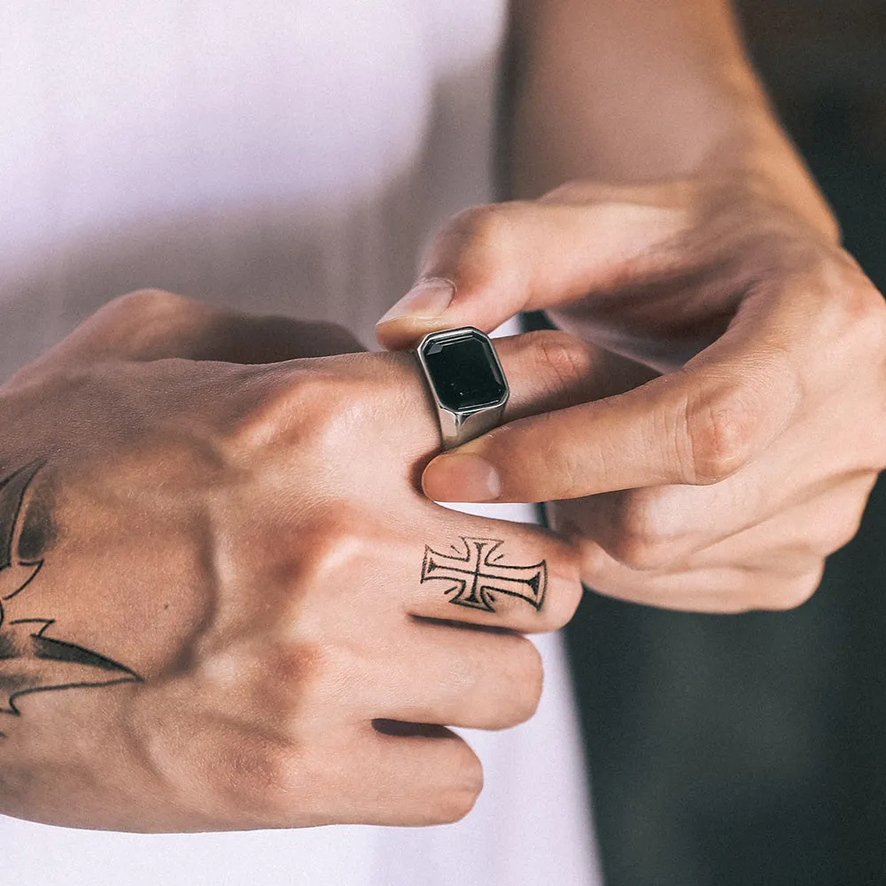 Engraved Black Onyx Signet Ring for Men