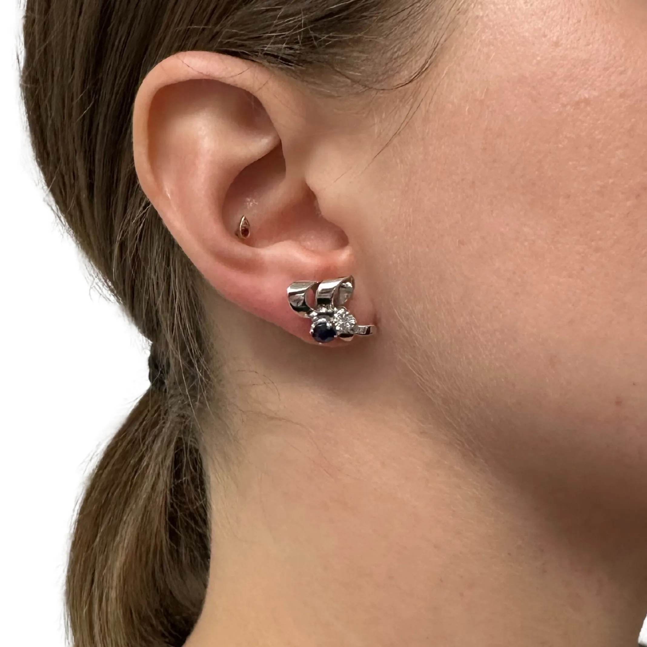 Estate Diamond and Sapphire 18k Gold Bow Earring