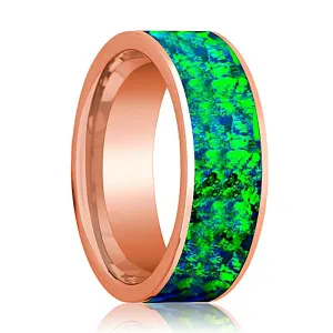 Flat Polished 14k Rose Gold Wedding Band for Men with Emerald Green and Sapphire Blue Opal Inlay - 8MM