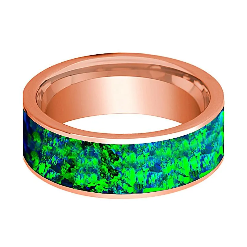 Flat Polished 14k Rose Gold Wedding Band for Men with Emerald Green and Sapphire Blue Opal Inlay - 8MM