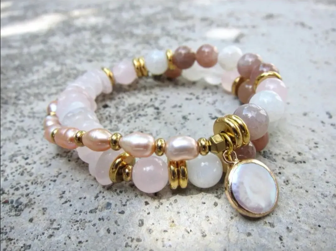 Full Moon Bracelet in Sunstone, Moonstone, Rose Quartz and Freshwater Pearls