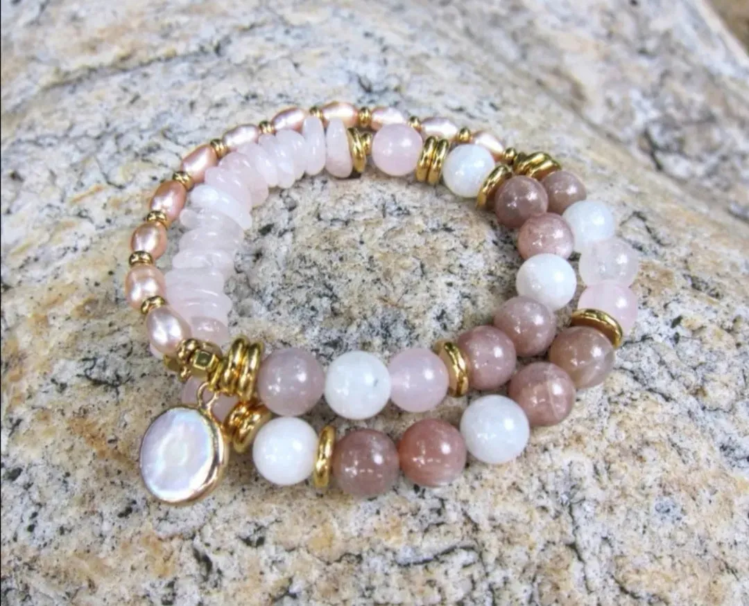 Full Moon Bracelet in Sunstone, Moonstone, Rose Quartz and Freshwater Pearls