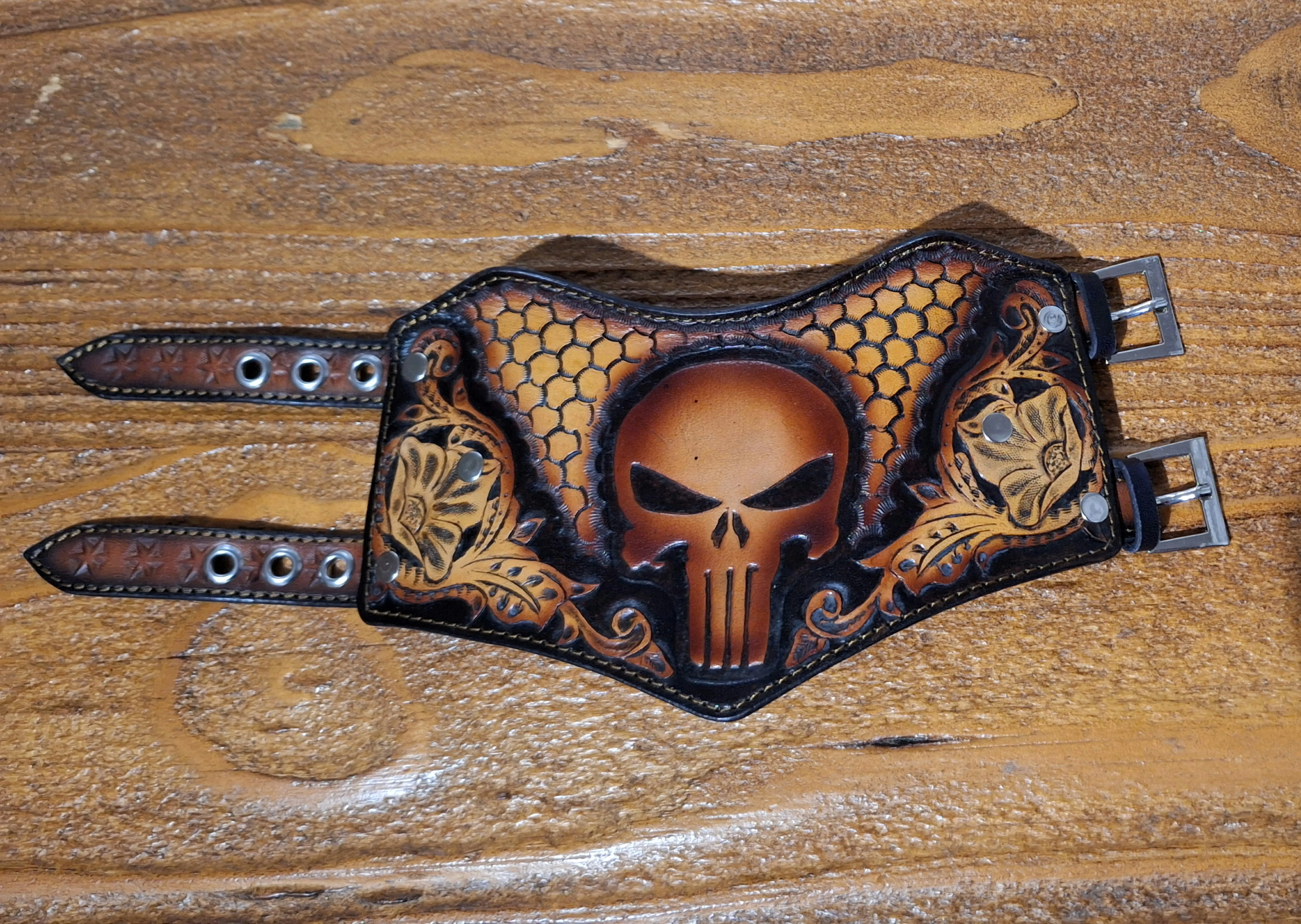 Genuine Leather Tooled Handcrafted Custom Punisher Cuff Bracelet