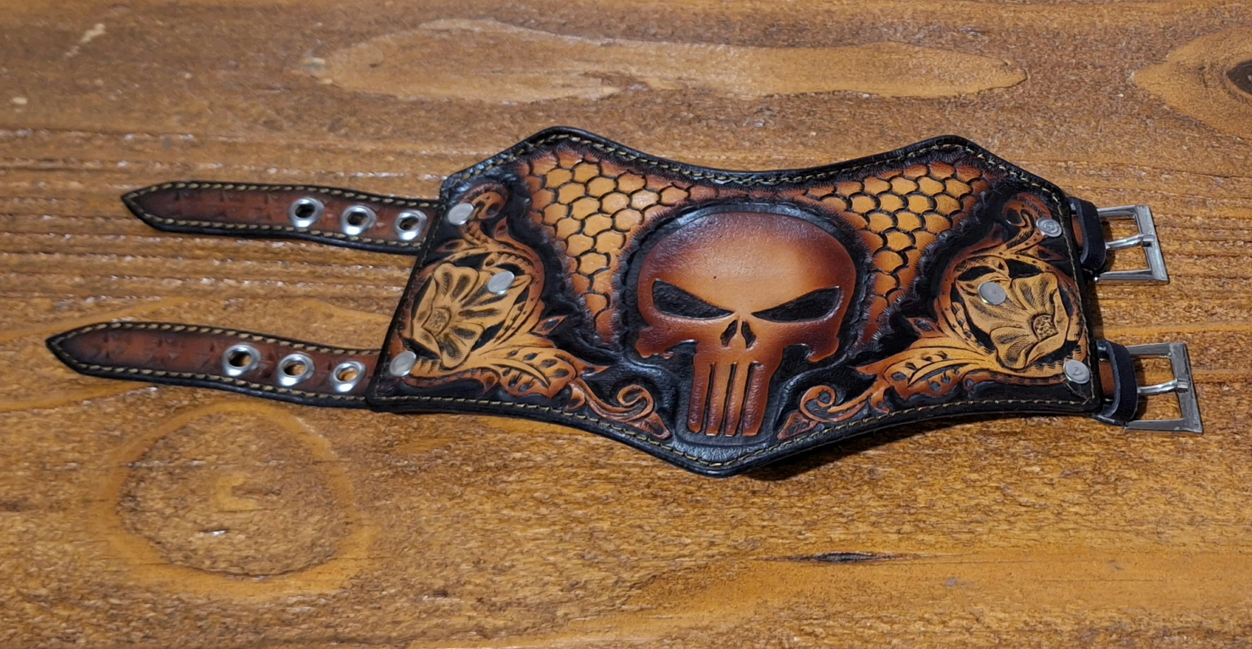 Genuine Leather Tooled Handcrafted Custom Punisher Cuff Bracelet