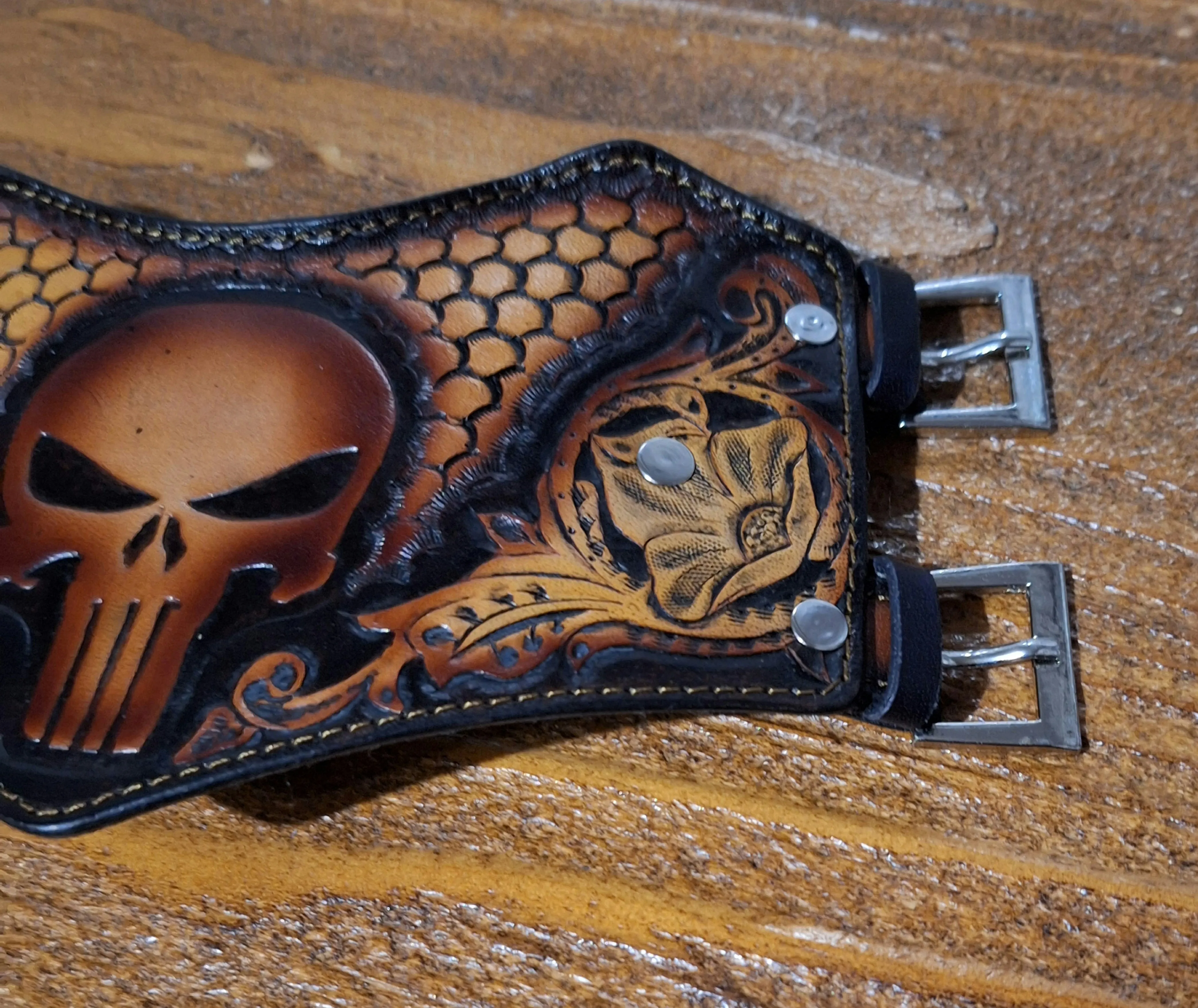 Genuine Leather Tooled Handcrafted Custom Punisher Cuff Bracelet