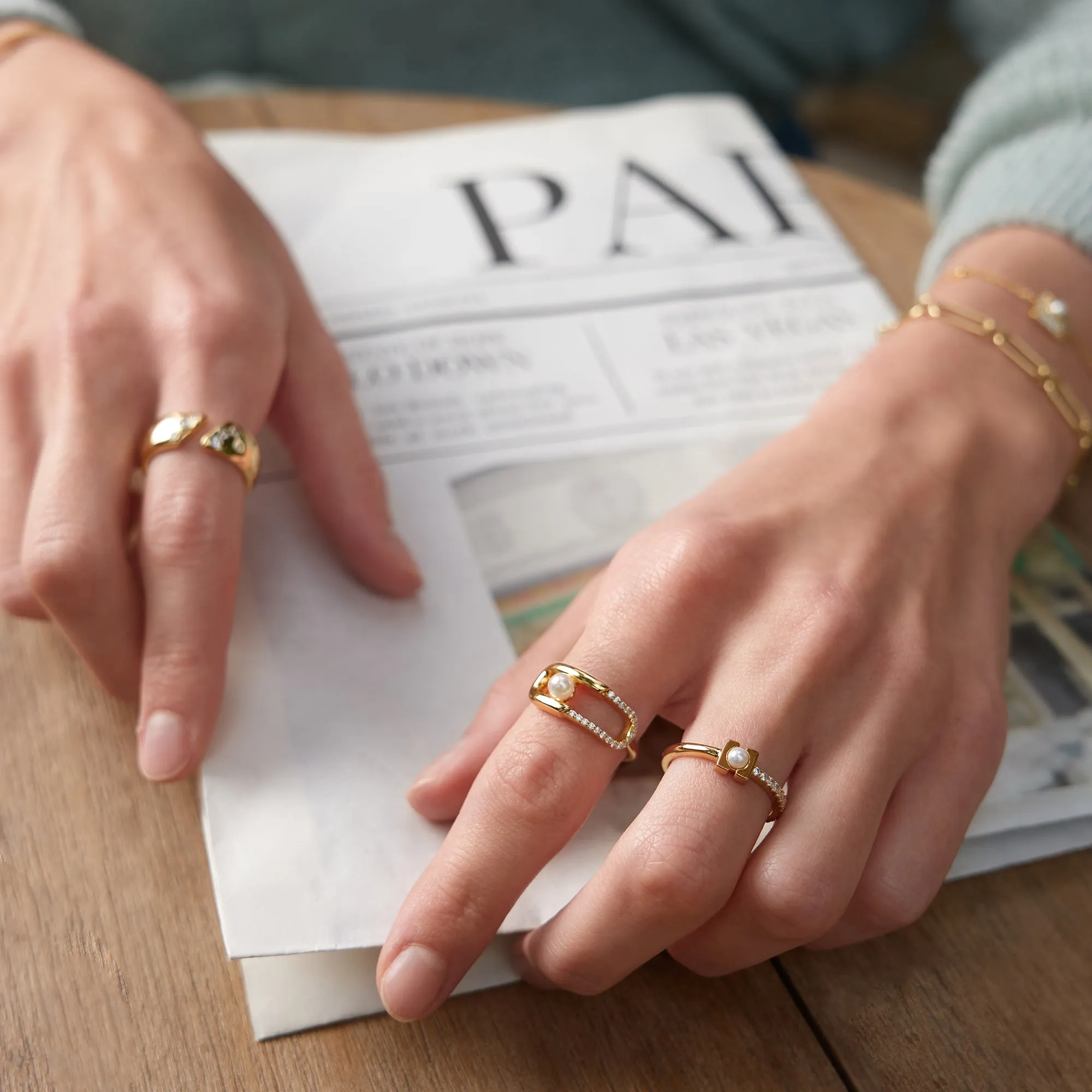 Gold Pearl Modernist Band Ring