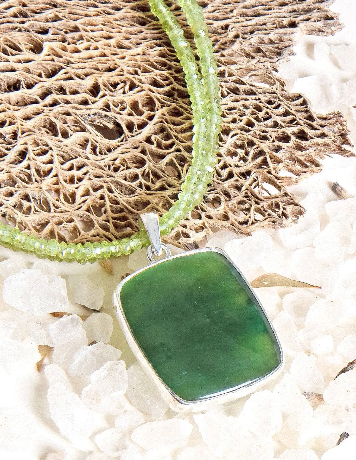 Green Nephrite Jade Square Pendant on Peridot Beaded Necklace - One of a Kind