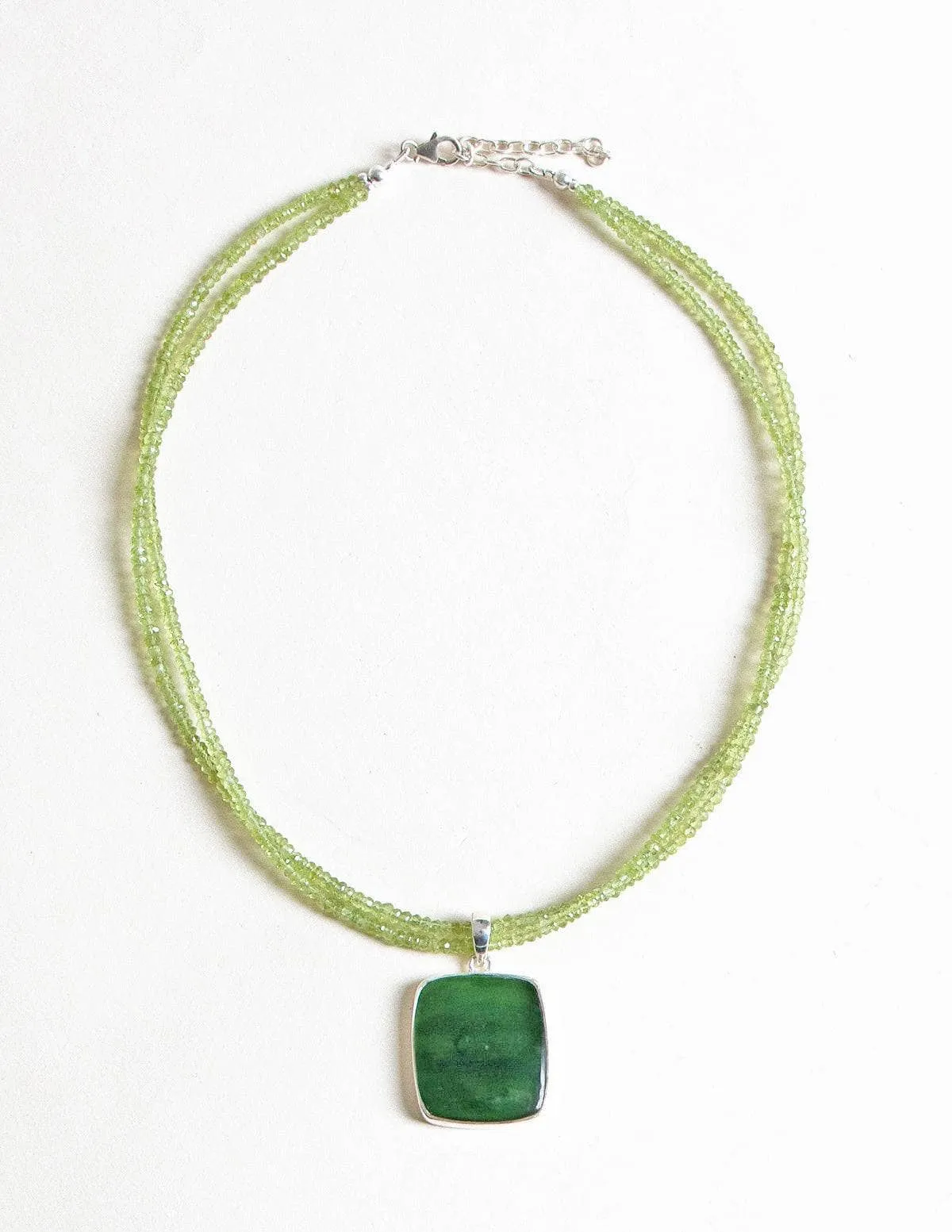 Green Nephrite Jade Square Pendant on Peridot Beaded Necklace - One of a Kind