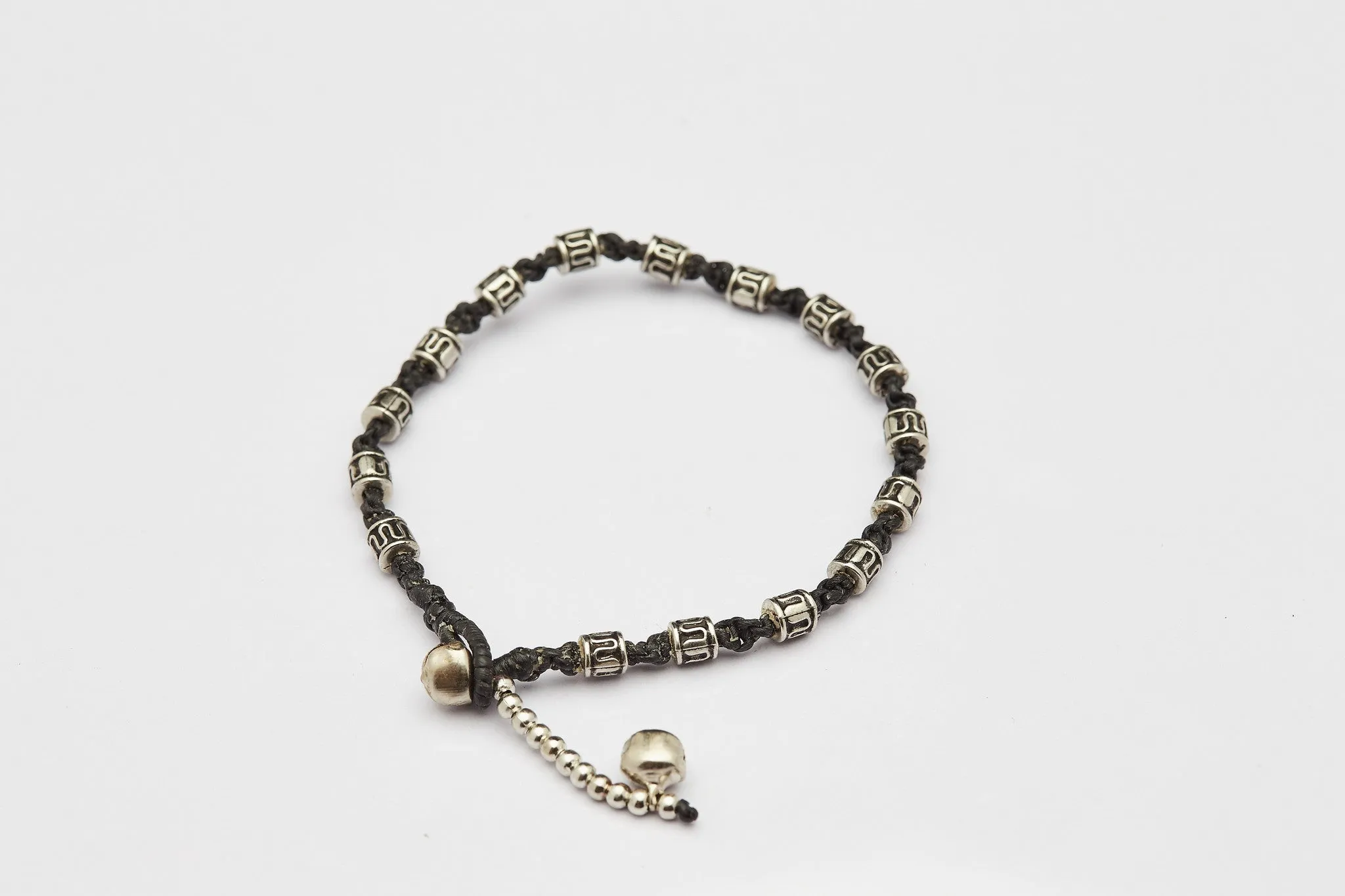 Hand Made Fair Trade Anklet Waxed Cotton Silver Beads Black