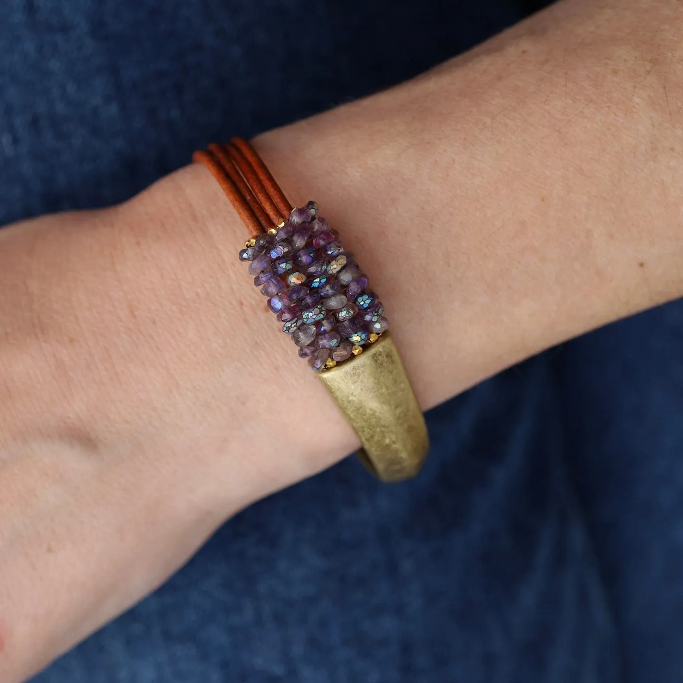 Hand Stitched Faceted Coated Amethyst 1/2 Cuff