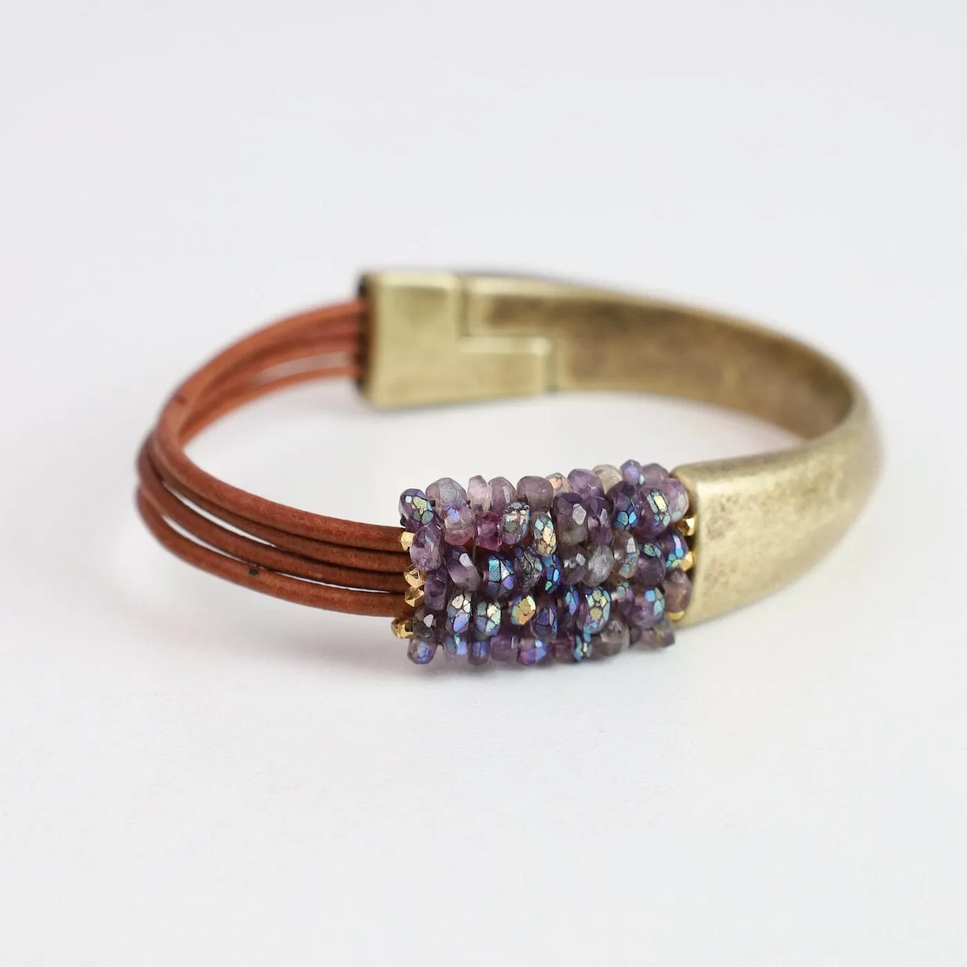 Hand Stitched Faceted Coated Amethyst 1/2 Cuff