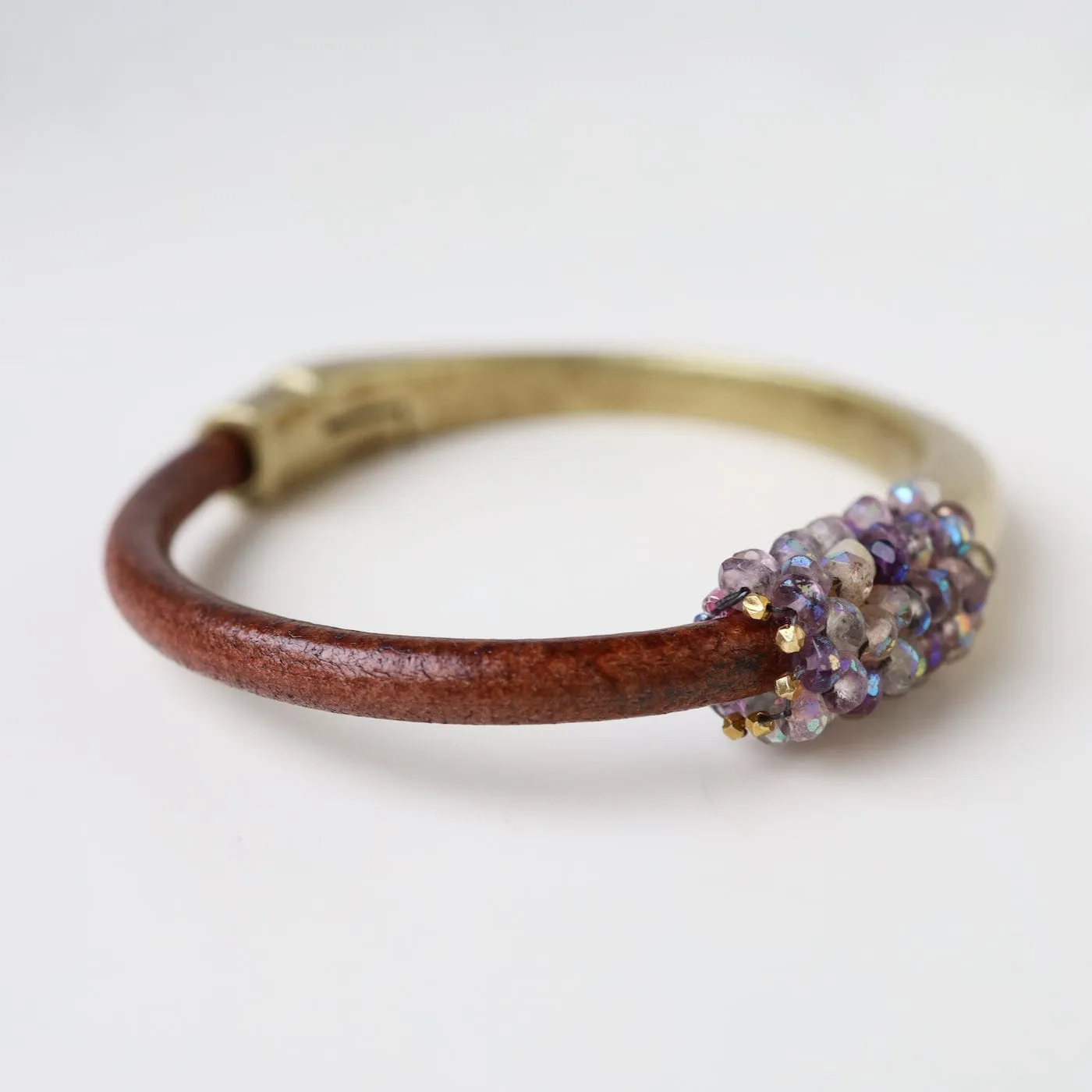 Hand Stitched Small Amethyst Brass 1/2 Cuff Bracelet