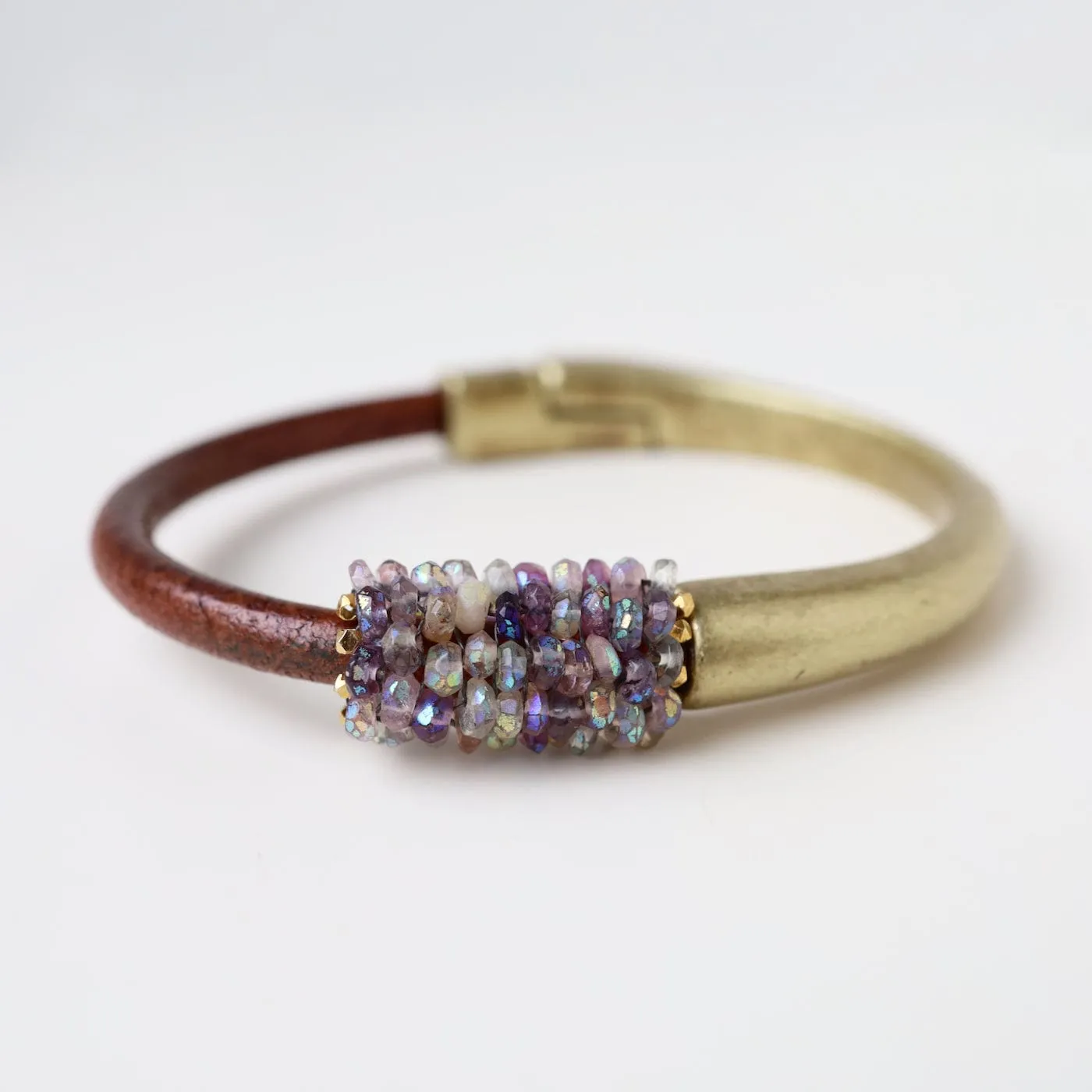 Hand Stitched Small Amethyst Brass 1/2 Cuff Bracelet