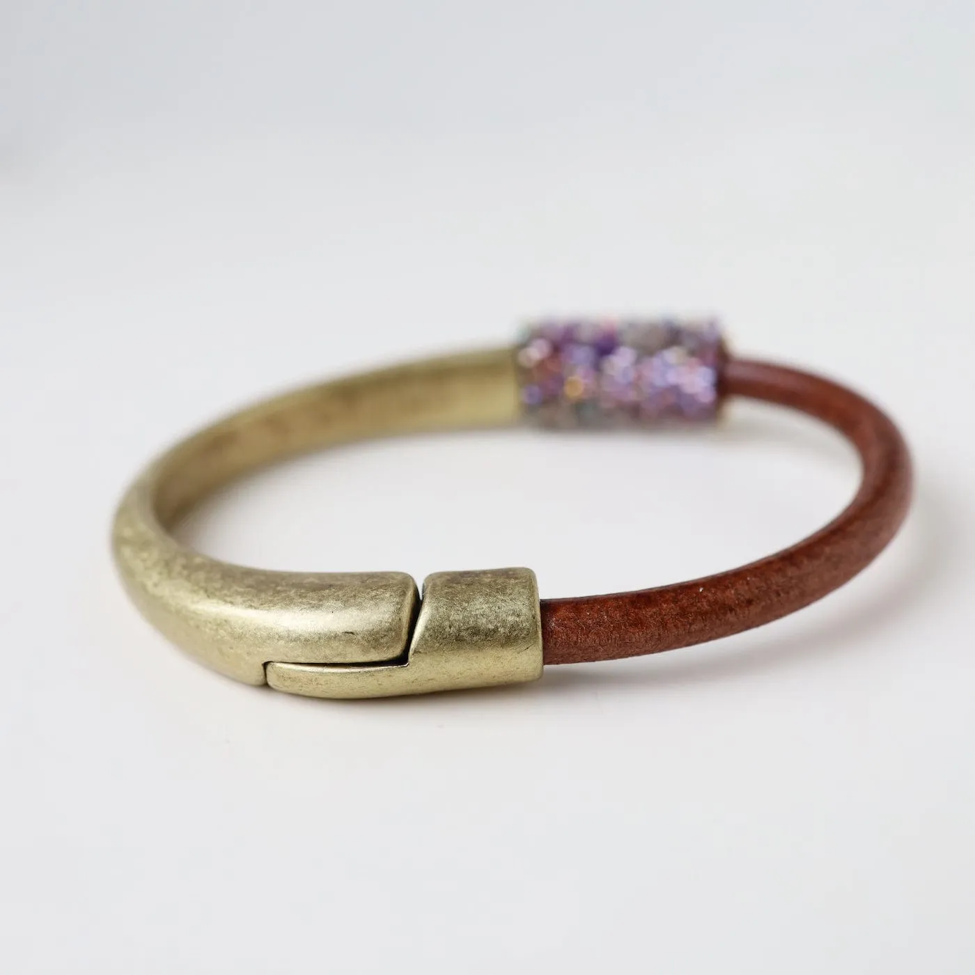 Hand Stitched Small Amethyst Brass 1/2 Cuff Bracelet