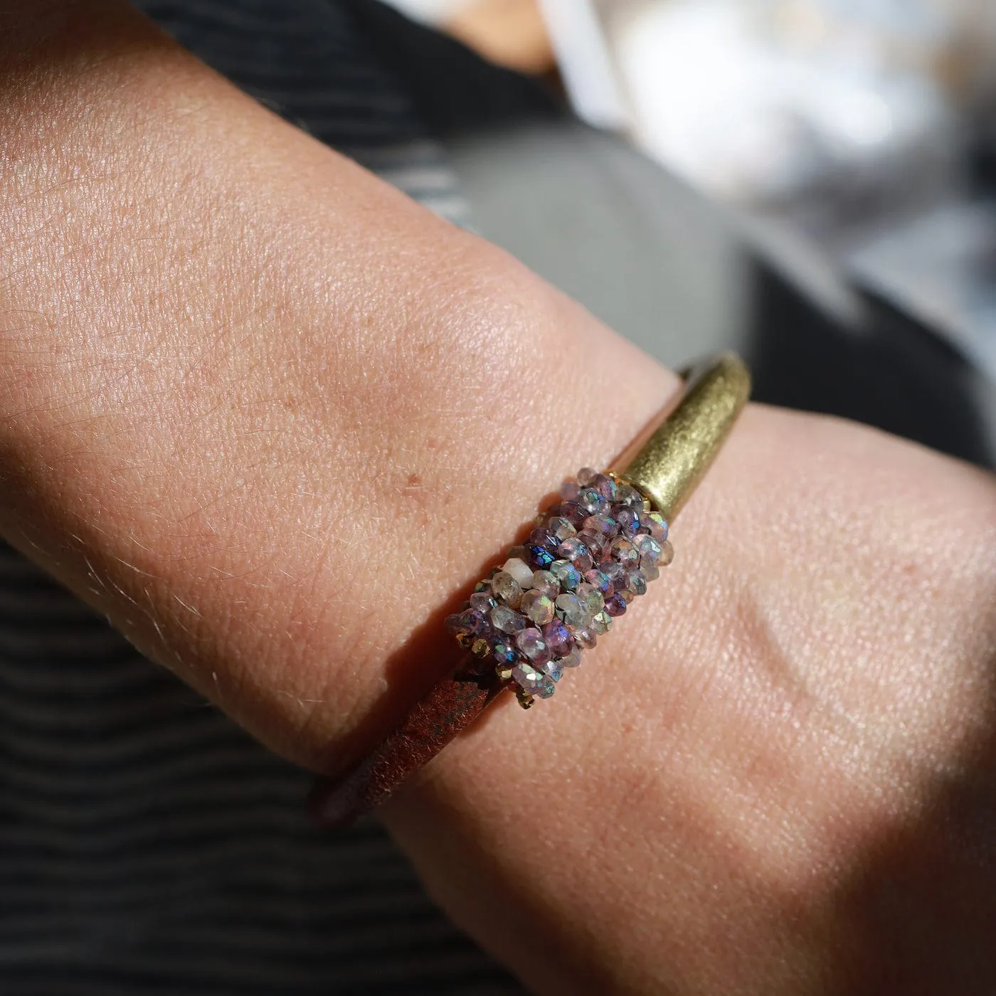 Hand Stitched Small Amethyst Brass 1/2 Cuff Bracelet