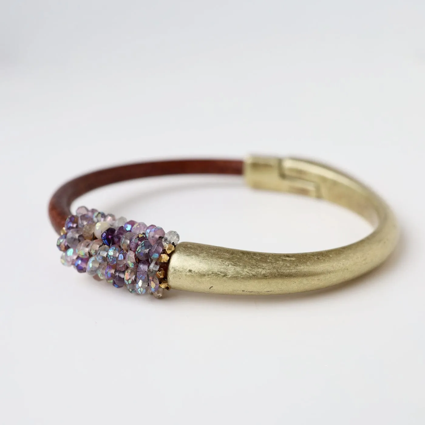 Hand Stitched Small Amethyst Brass 1/2 Cuff Bracelet