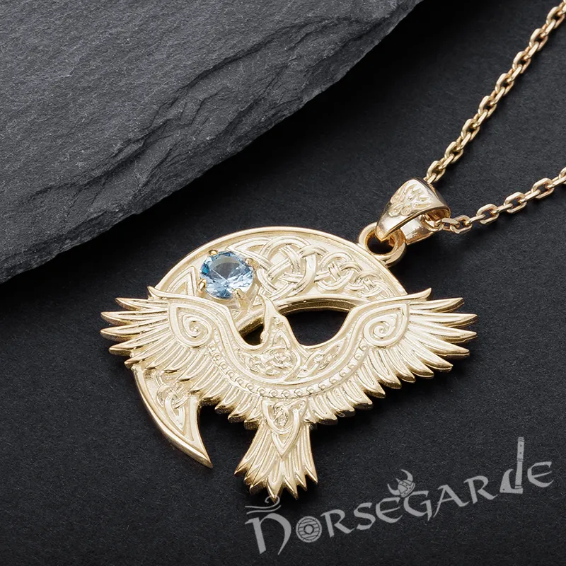 Handcrafted Raven and the Moon Pendant - Gold with Sapphire