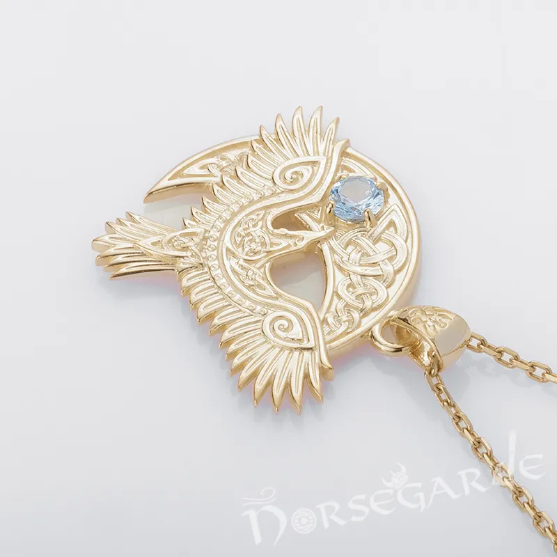 Handcrafted Raven and the Moon Pendant - Gold with Sapphire