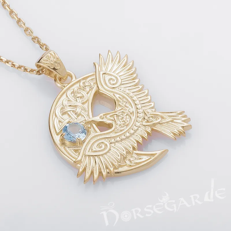 Handcrafted Raven and the Moon Pendant - Gold with Sapphire