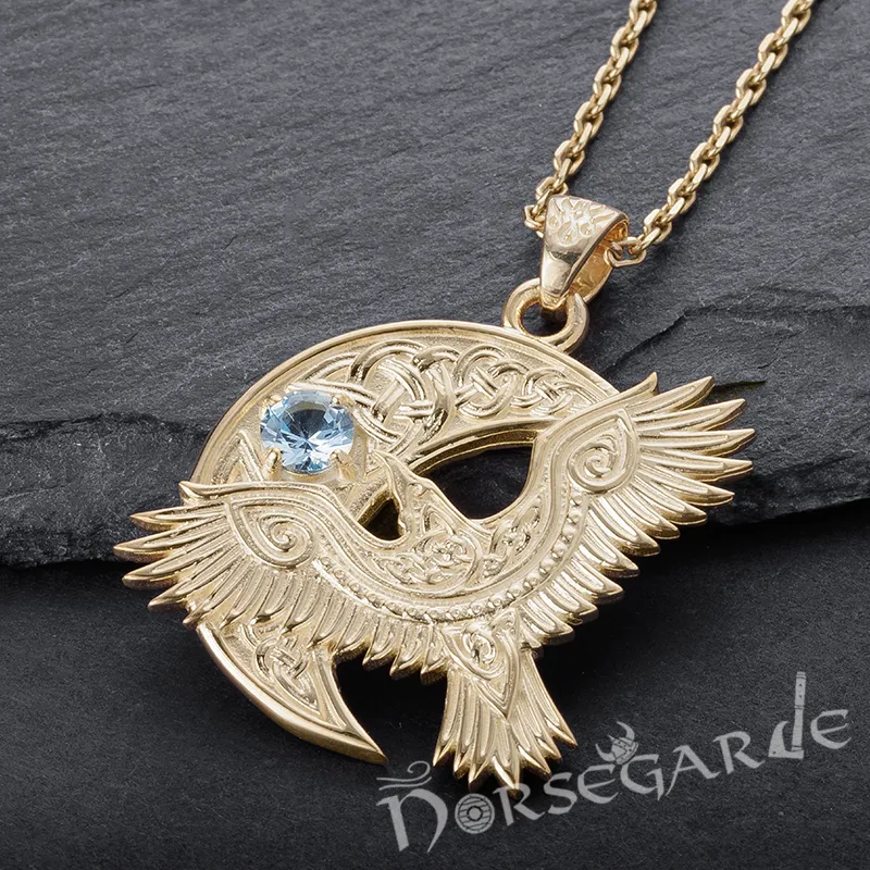 Handcrafted Raven and the Moon Pendant - Gold with Sapphire