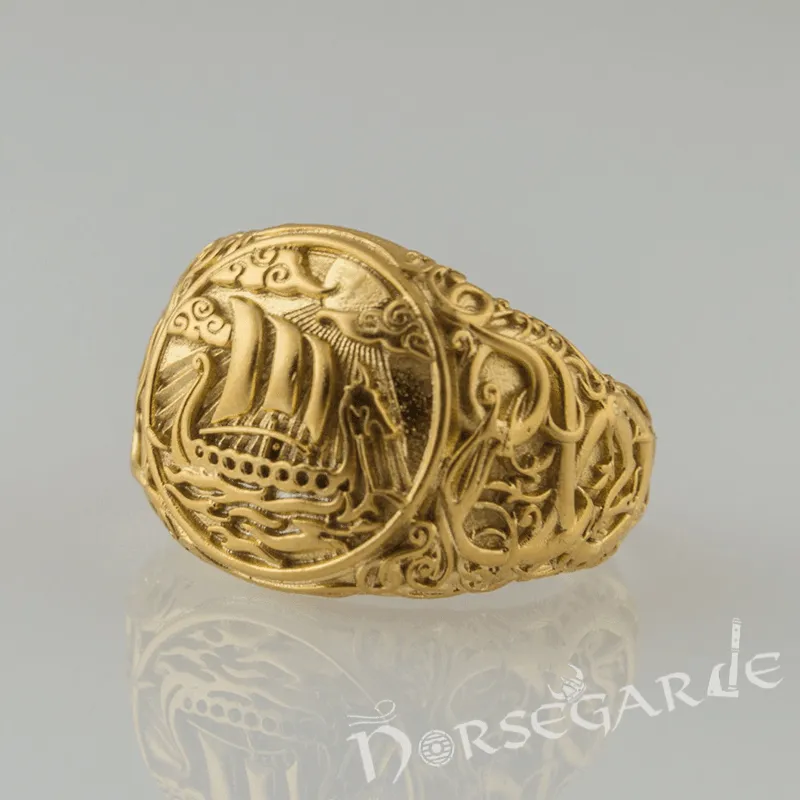 Handcrafted Urnes Style Drakkar Ring - Gold