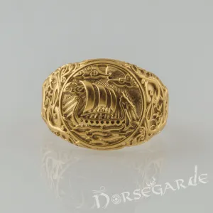 Handcrafted Urnes Style Drakkar Ring - Gold