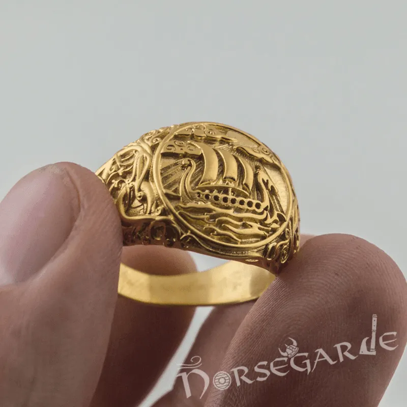 Handcrafted Urnes Style Drakkar Ring - Gold