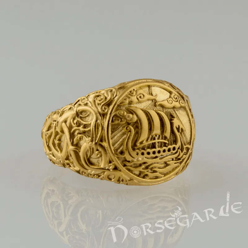 Handcrafted Urnes Style Drakkar Ring - Gold