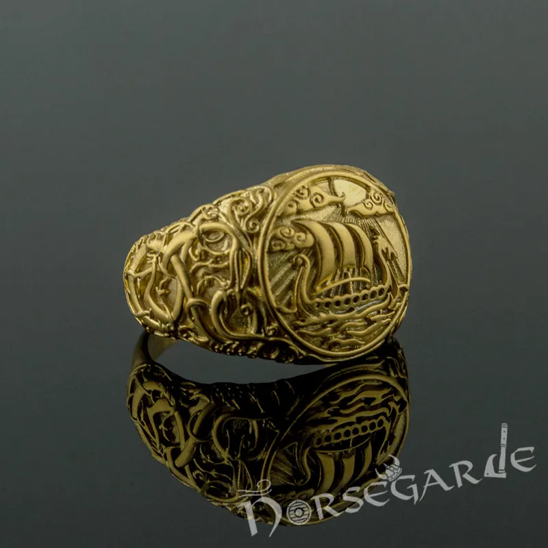 Handcrafted Urnes Style Drakkar Ring - Gold