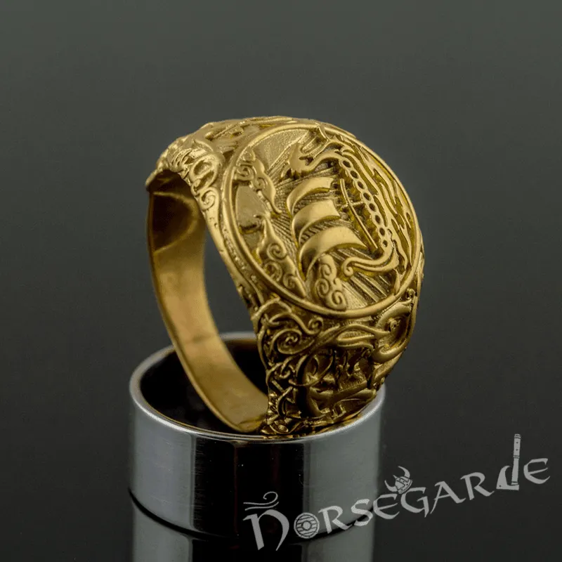 Handcrafted Urnes Style Drakkar Ring - Gold