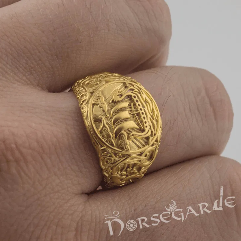 Handcrafted Urnes Style Drakkar Ring - Gold