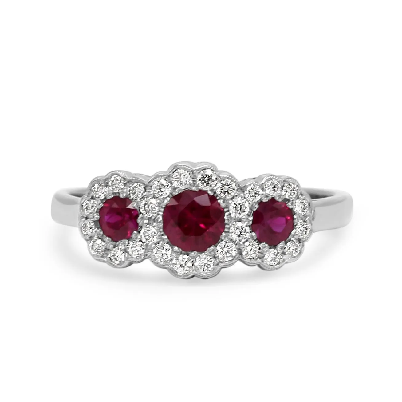 Handmade Platinum Diamond & Ruby Triple Cluster Ring