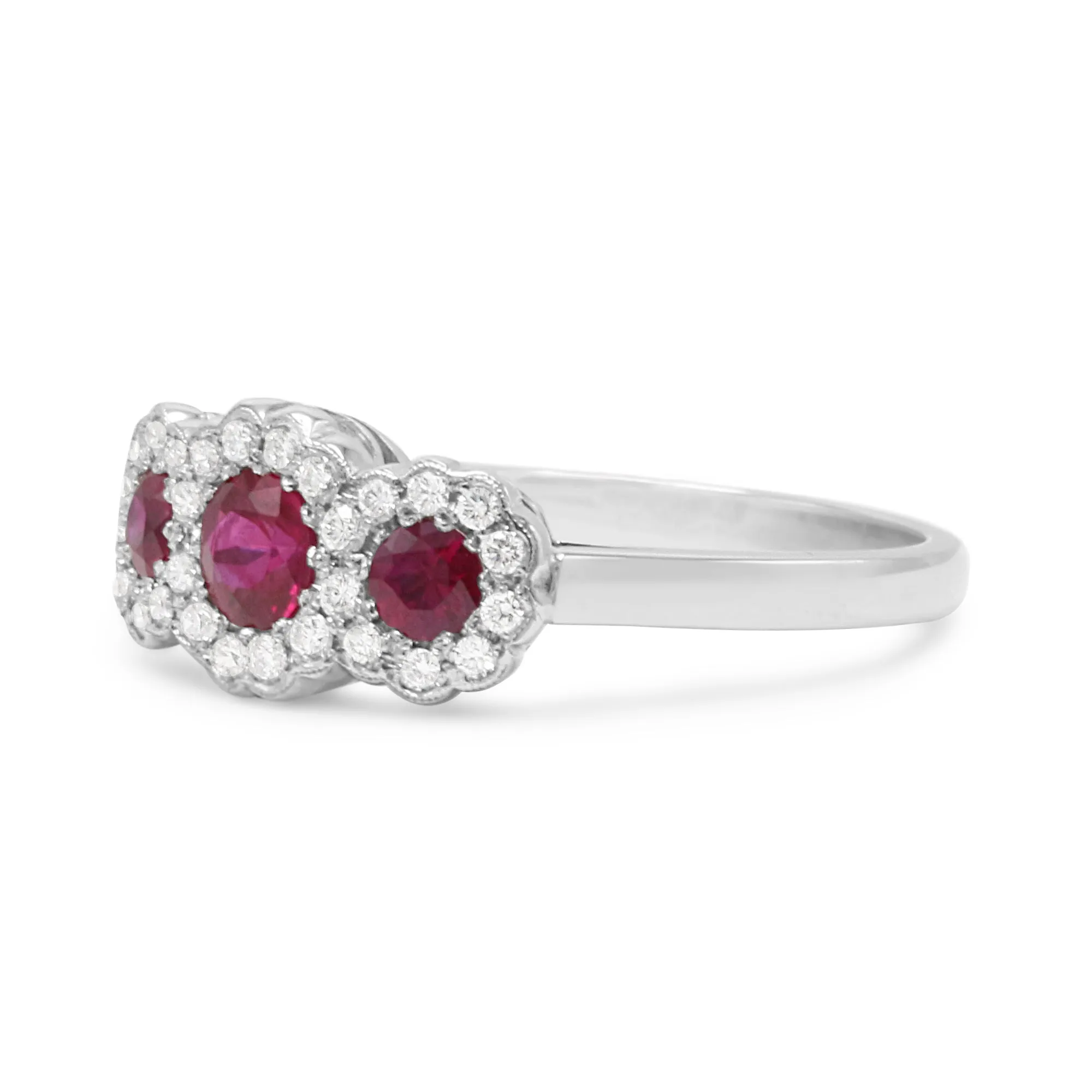 Handmade Platinum Diamond & Ruby Triple Cluster Ring