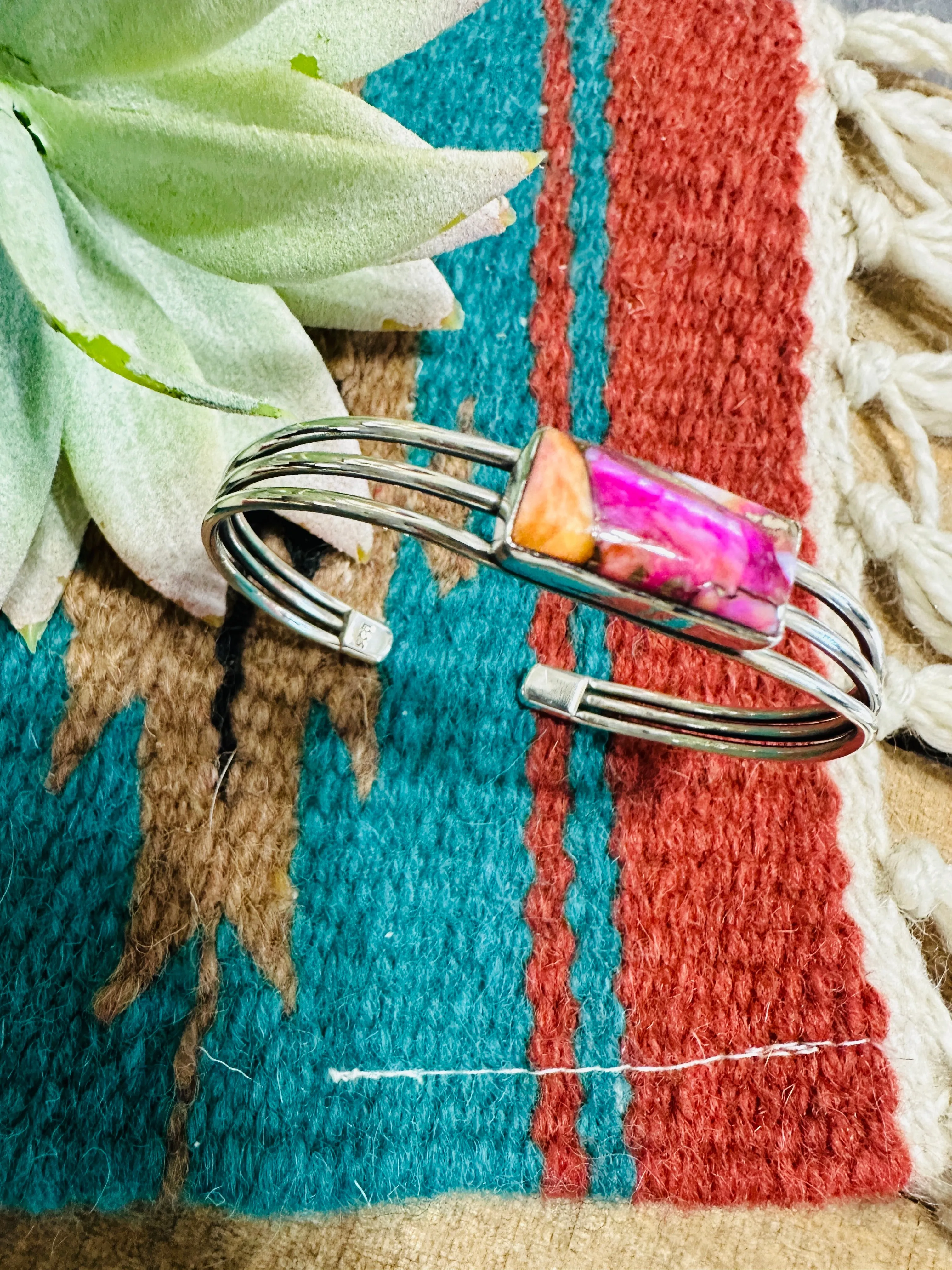 Handmade Sterling Silver & Pink Mojave Cuff Bracelet Signed Nizhoni