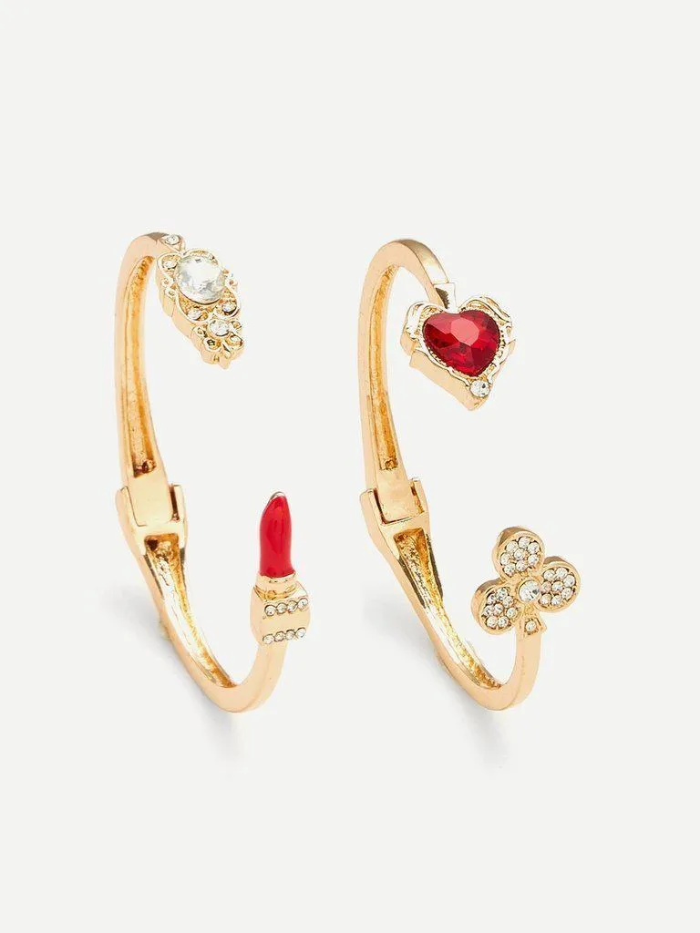 Heart Detail Rhinestone Cuff Bracelet 2pcs