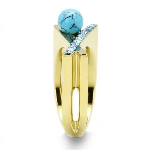 IP Gold(Ion Plating) Stainless Steel Ring with Synthetic Turquoise in Turquoise for Women Style TK3130