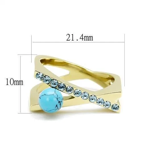 IP Gold(Ion Plating) Stainless Steel Ring with Synthetic Turquoise in Turquoise for Women Style TK3130