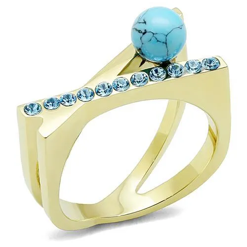 IP Gold(Ion Plating) Stainless Steel Ring with Synthetic Turquoise in Turquoise for Women Style TK3130